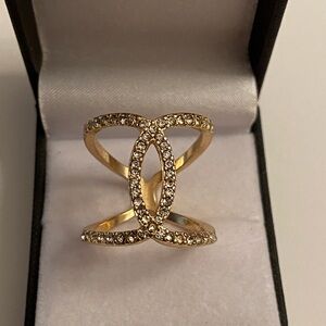 Rhinestone Interlocking Gold Tone Wide Band Ring